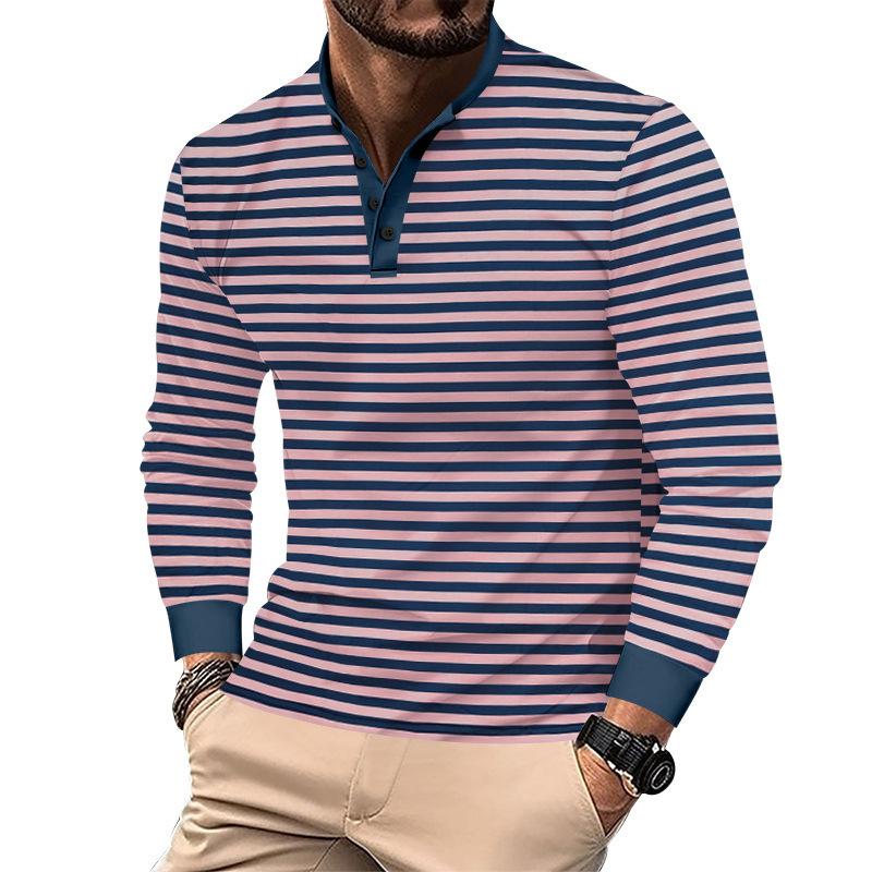 Spring Autumn Men's Striped Polo Shirts Long Sleeve Casual O-Neck Loose Tees Tops