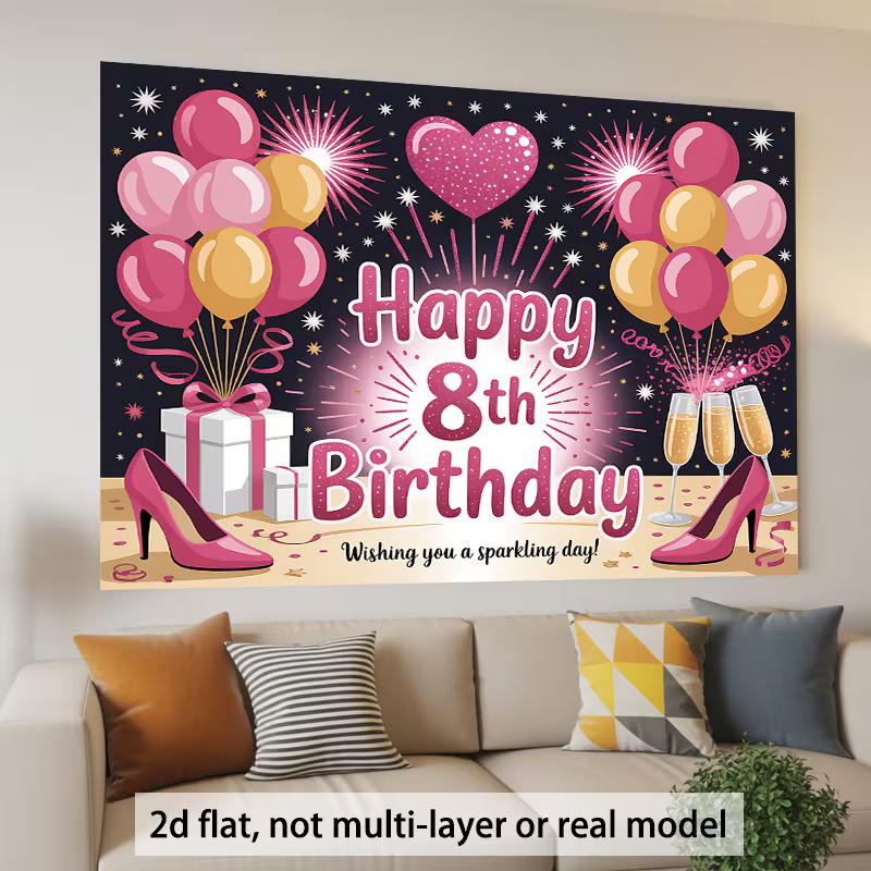 2D Happy 8th Birthday Backdrop for Girl's Glitter Party Photoshoot