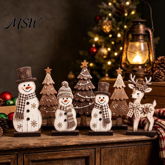 Festive Countertop Display Sets 7Pcs Christmas Wooden Tabletop Ornaments, Snowman Tree Reindeer Tiered Tray Decorative Figures Decor for Mantel,