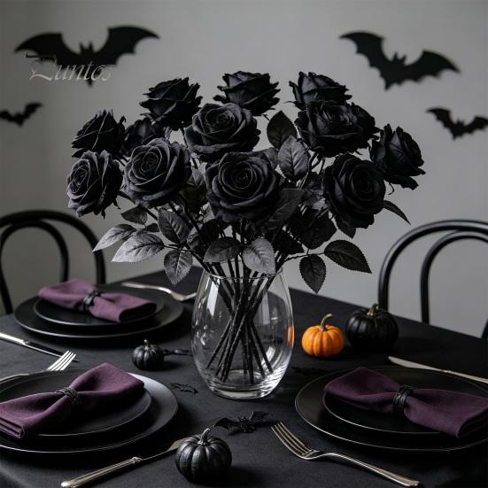 Decorative Black Rose Stems Realistic Silk Roses with Long for Wedding Centerpieces, Halloween Home Decor, Artificial Faux Floral Arrangements