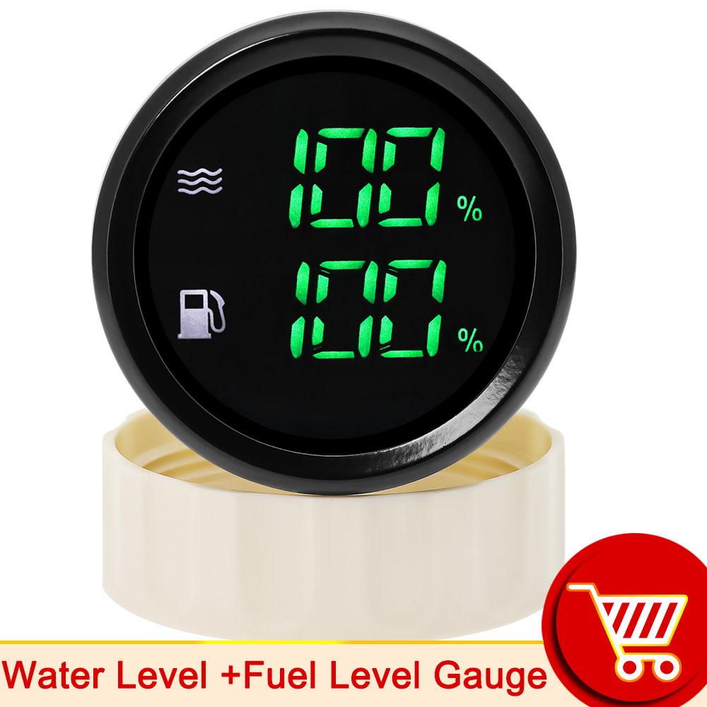 52mm 2in1 Gauge Digital Fuel Level Water Level Gauge With Alarm Water Temp Holding Tank Level Gauge Voltmeter for Car Boat Yach