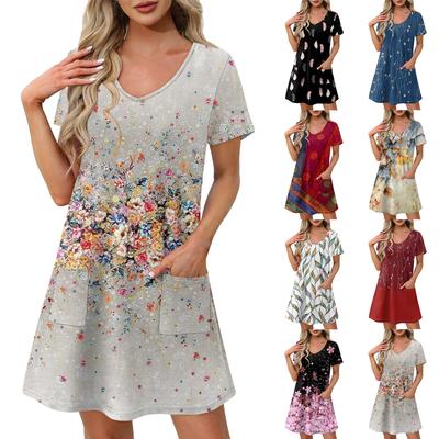 Lässiges und modisches mittellanges Kleid mit V-Ausschnitt und kurzen Ärmeln