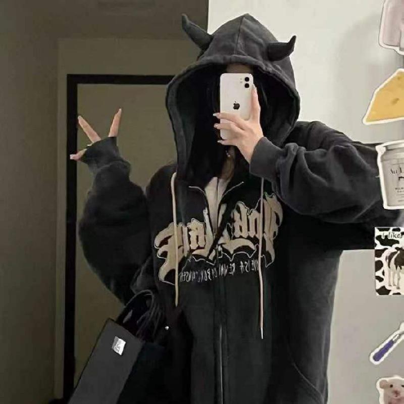 Devil Hooded Sweatshirt: 2022 Embroidered Towel + Fleece-Lined Double-Layer Hat, Unisex Autumn Jacket Trend M серый