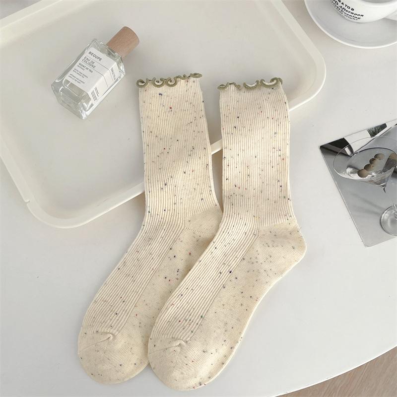 Frühlings- und Herbstsocken mit gepunktetem Garn in Cremefarbe und Aprikotfarbe, Baumwollsocken bis zur Wade für Damen, Trendige Frotteesocken