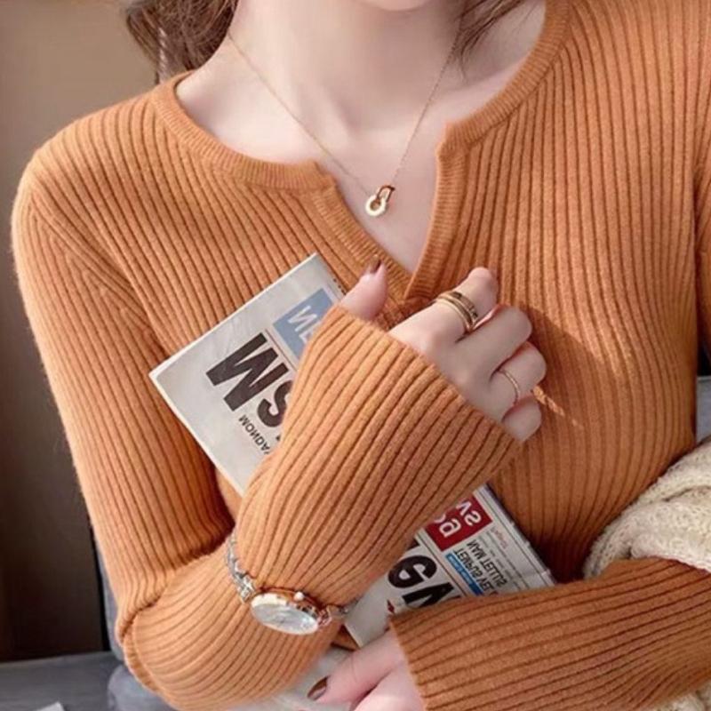 Long Sleeve Knit Top Spring Autumn Women Tight Fit V Neck Sweater Layer Base Layer Slim Fit Shirt