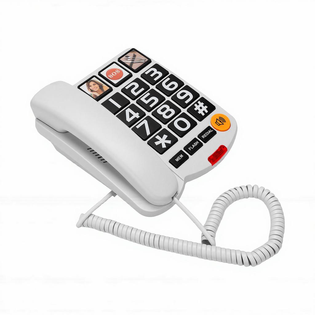 Extra lautes 110dB Festnetztelefon mit großen Tasten für Senioren, mit 3 Foto-Kurzwahltasten, Freisprechfunktion und lauter Klingel