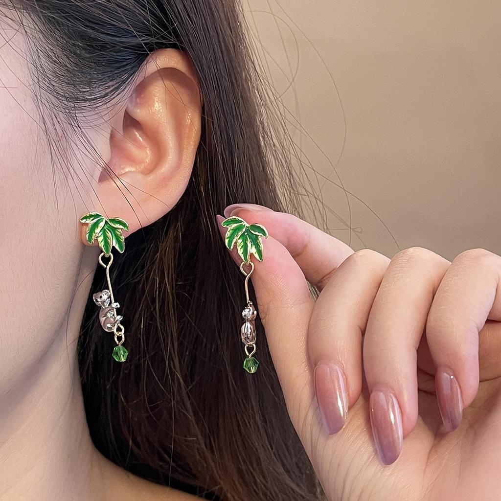 Fresh Mori Green Leaf Koala Fringed Earrings Niche Design Cute Temperament Earrings