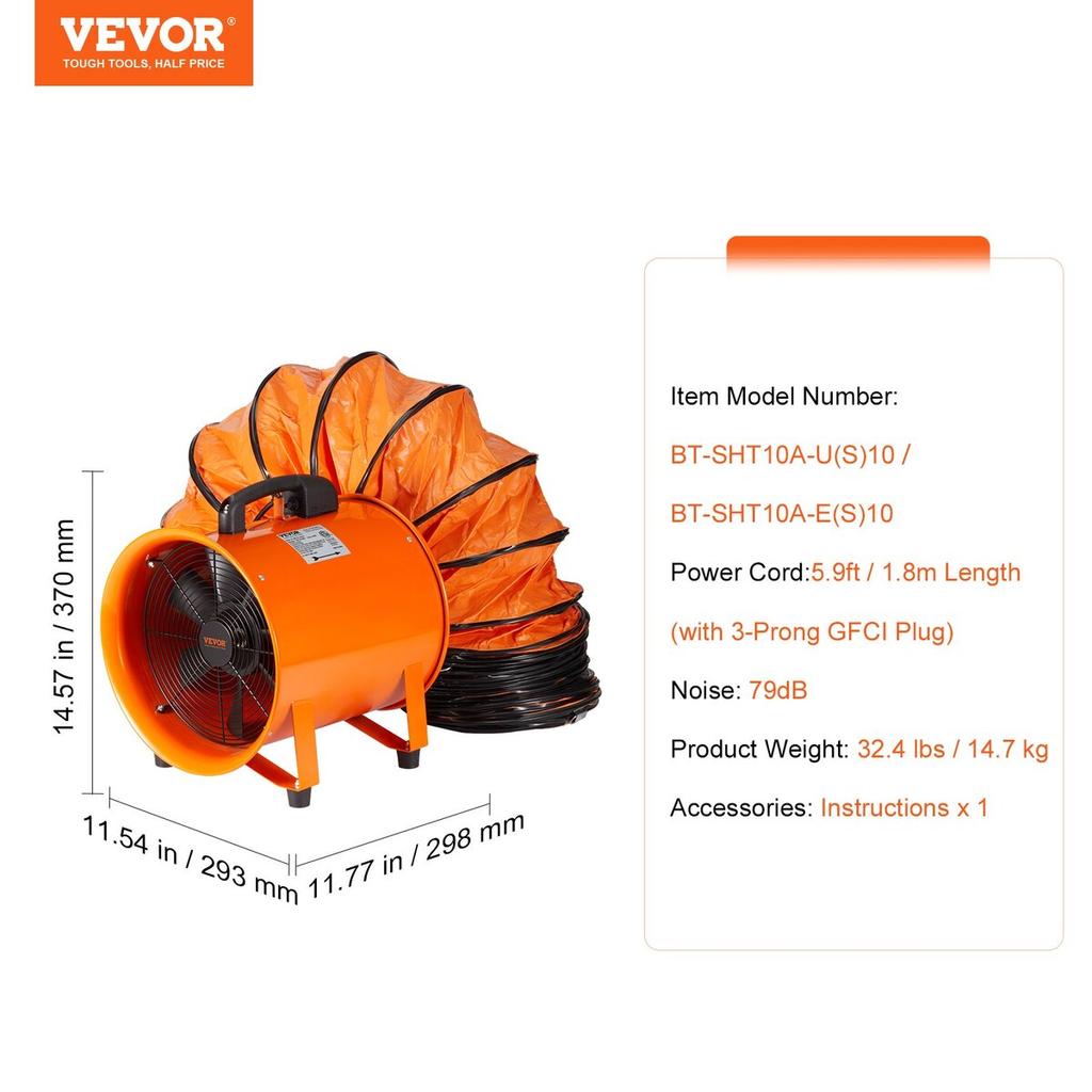 254mm Portable Extractor Fan Blower 10m Duct Hose Ventilator Industrial