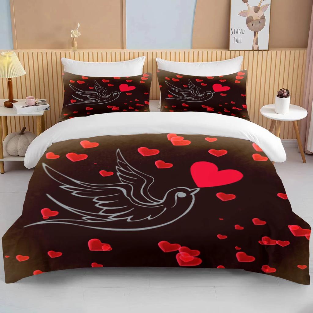 Comforter Love Heart Valentine'S Day Red Pink Rose Flower 3D Bedding Set Comforter For Couple Twin Queen King
