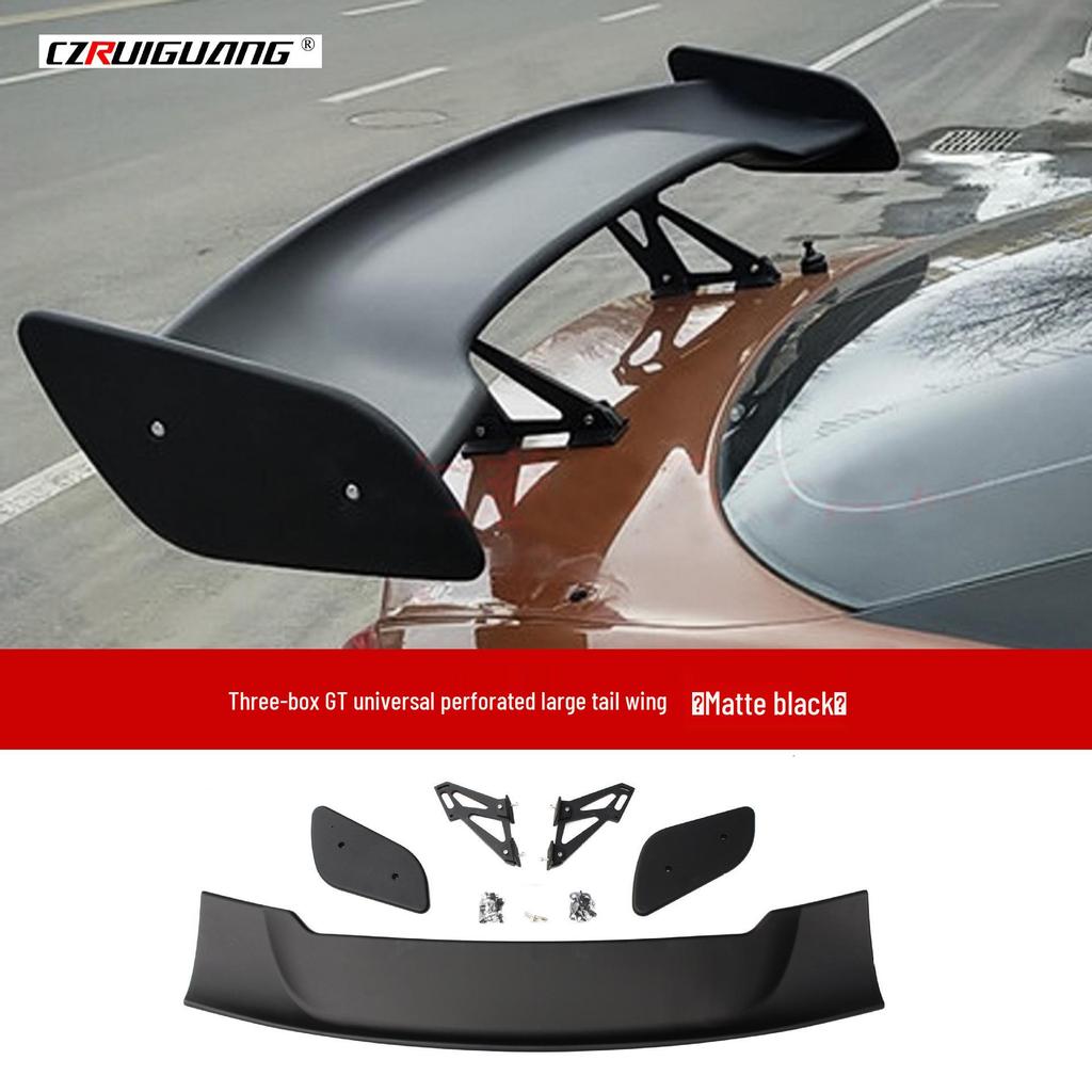 GT Universal Perforated Rear Spoiler Kit: Includes Bracket, Wind Deflector, Roof Spoiler, Rear Diffuser, Side Skirts, and Front Lip.