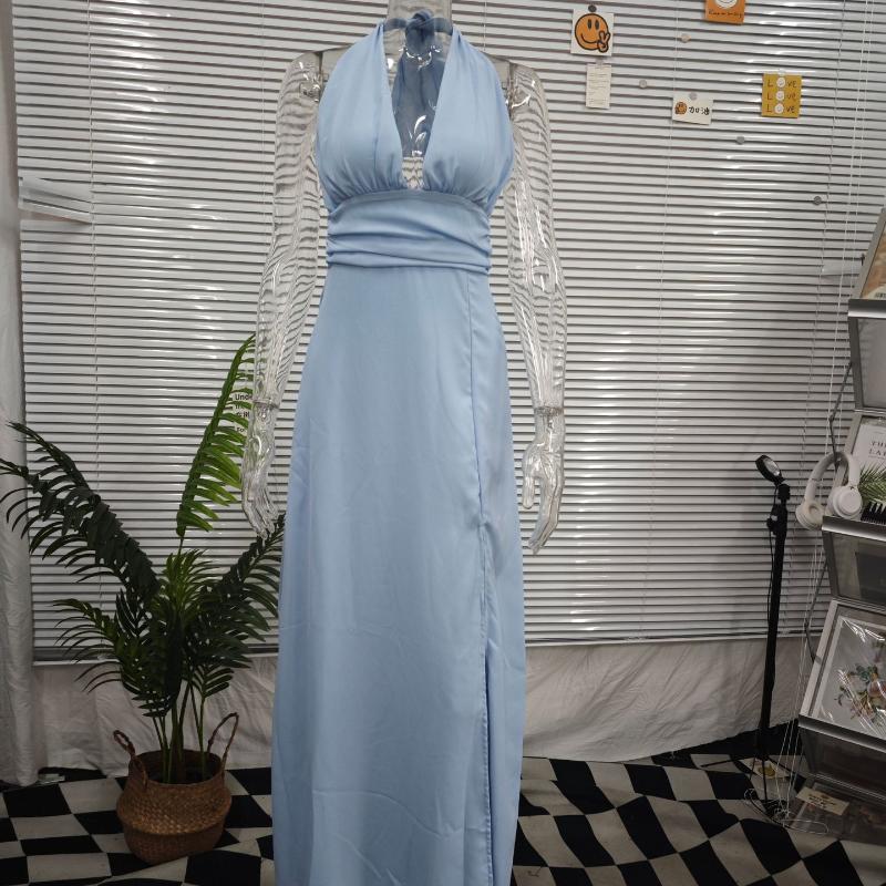 Temperamento di abbigliamento femminile europeo e americano primaverile ed estivo con scollo a V, senza schienale, spacco sexy, allacciatura, abito tinta unita