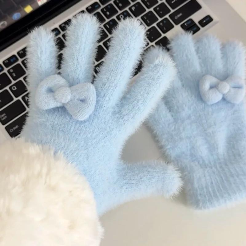 Plush Cute Butterfly Knot Knitted Gloves For Women In Winter, Anti Freeze Cycling Warmth Gloves Five-Finger Gloves