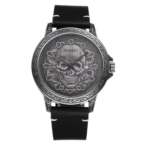 Men's Punk Skull Watch with Genuine Leather Strap: Skeleton Skull Antique Leather Watch with Waterproof Analog Quartz Movement, Gothic Accessory - Per