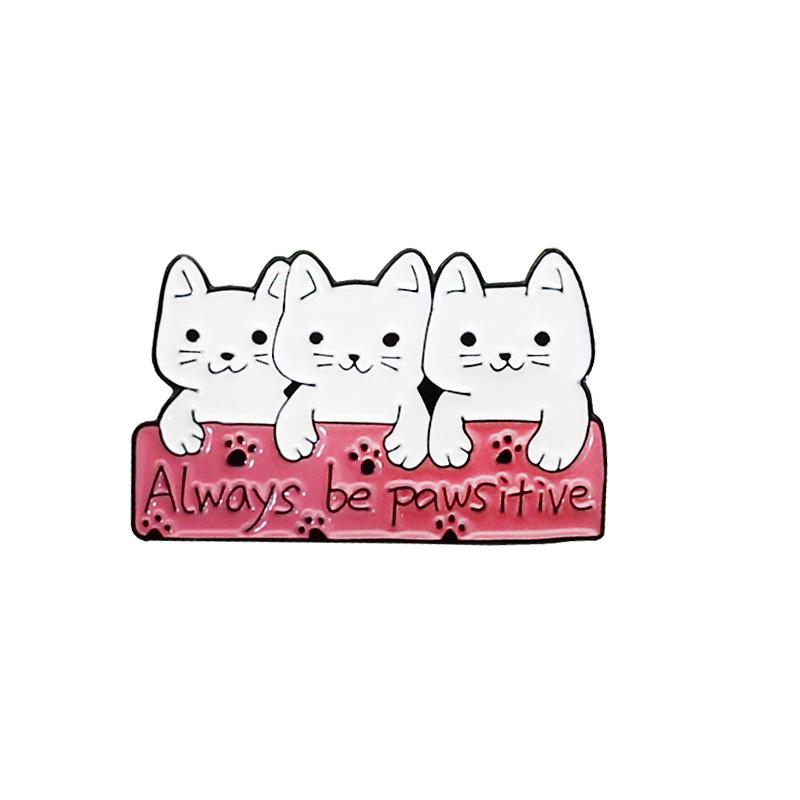 Always Be Pawsitive: Happy Cat with Fish and Flowers Cartoon Brooch