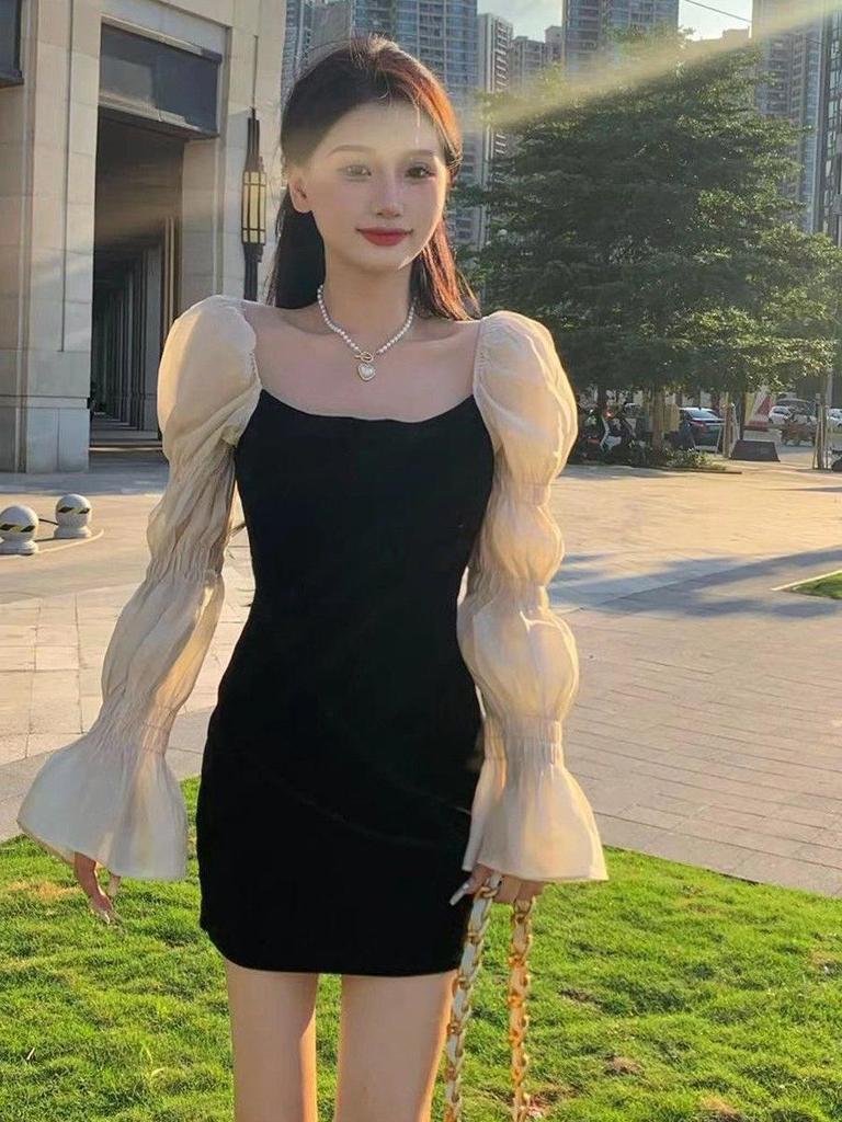 French Chic Puff Sleeve Little Black Dress - Elegant Slimming Style for Women