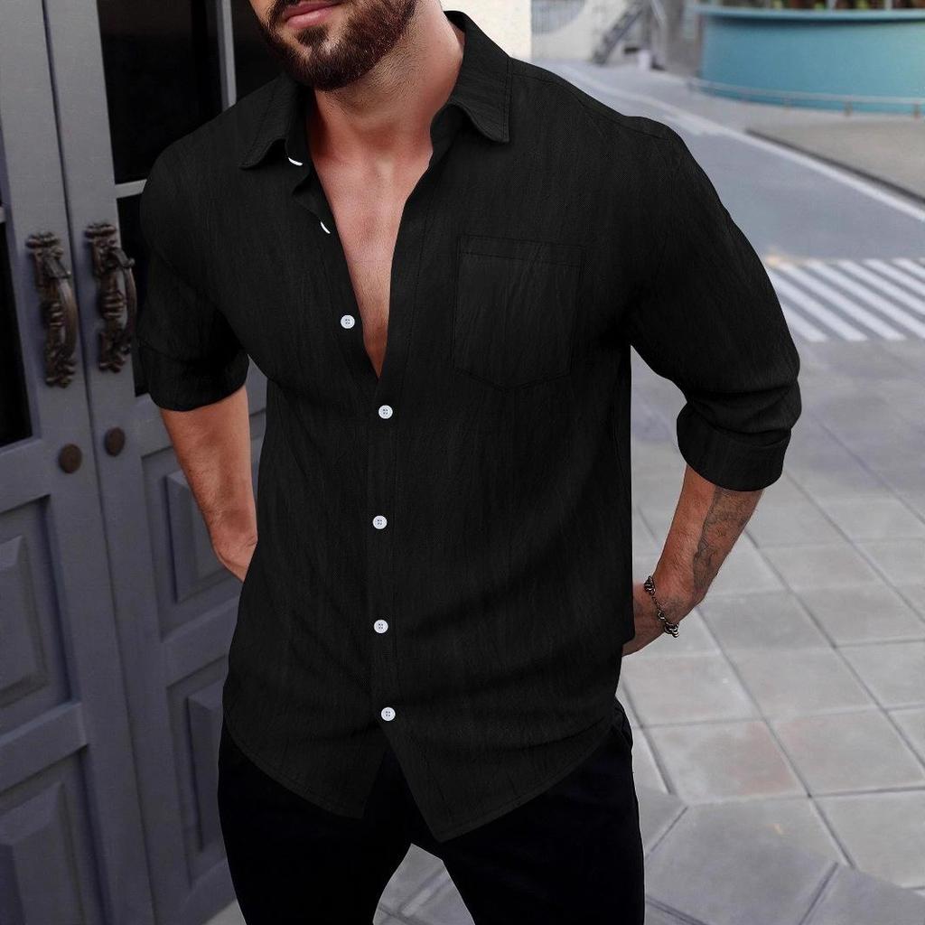 Spring/Autumn New Arrival Shirt Long-sleeved Collared Breathable Casual Men's Linen Pocket Shirt
