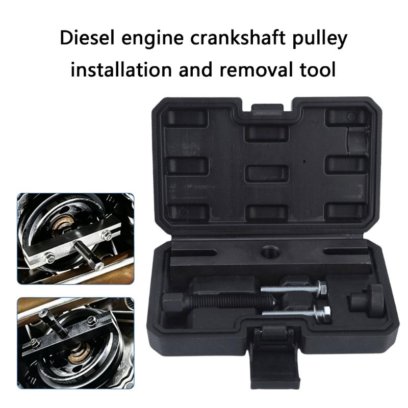 Crankshaft Pulley Installation Tool Set with Threaded Screw, Two Bolts, Round Fitting, Metal Bar, and Storage Case for Engine Removal Tasks