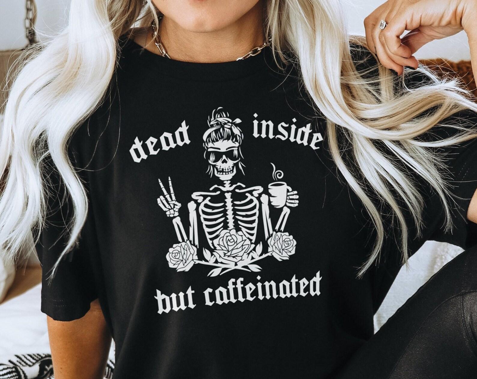 Skeleton Woman Coffee Shirt – Gothic Halloween Graphic Tee, Soft Cotton Unisex Apparel 4XL