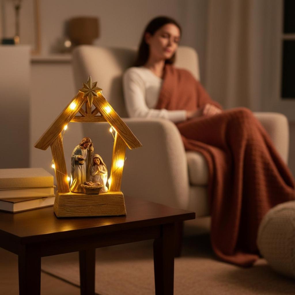 Lighted Nativity Scene with Manger Resin Stable LED Lights Indoor