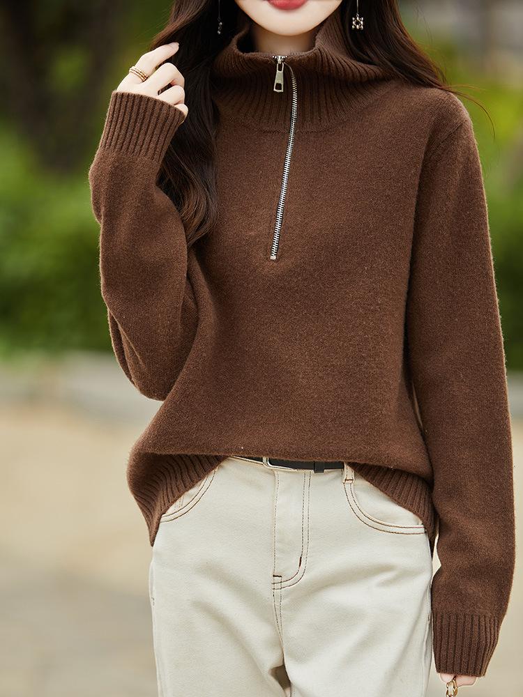 Women's Pure Australian Wool Half-Zipper Casual Lapel Sweater - Long-Sleeved & Thickened Base Layer