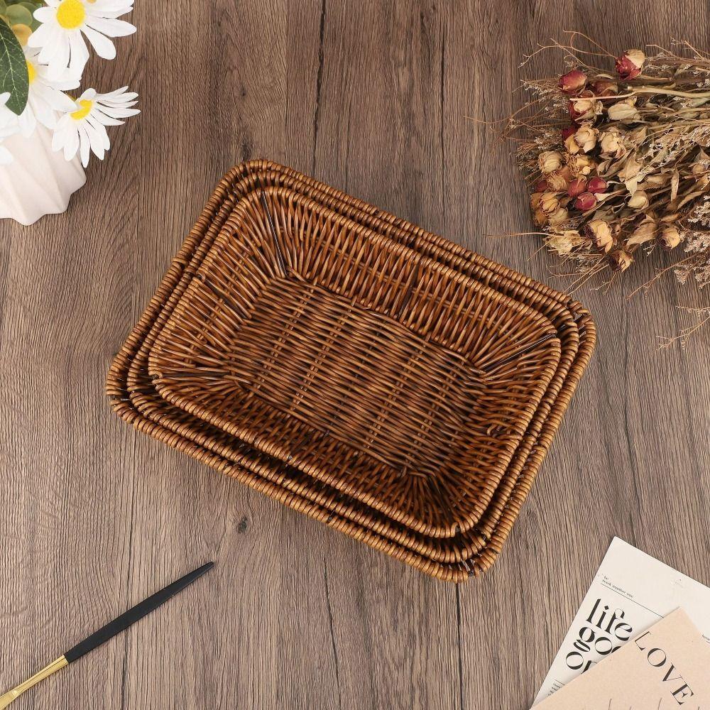 Plastic Rattan Food Plate Rectangle Fruit Tray New Bread Basket  Breakfast Cake Snack