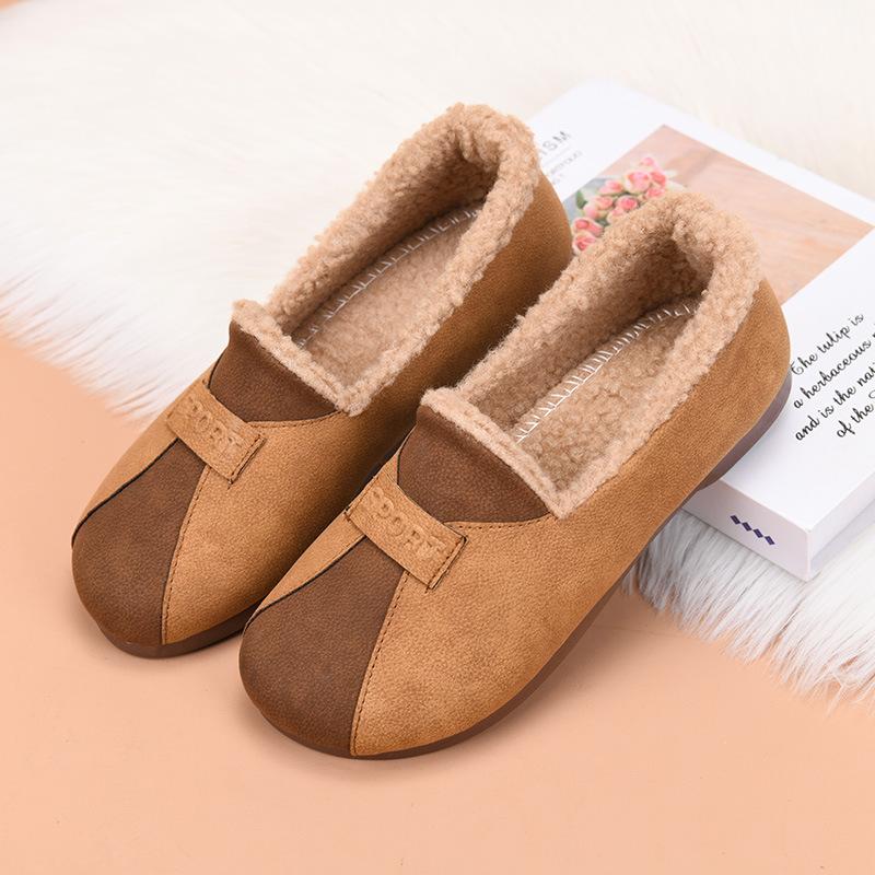 Women's Casual and Plush Thick Mom Shoes Bean Shape Slip-On Casual Shoes with Fleece and Thickened Cotton