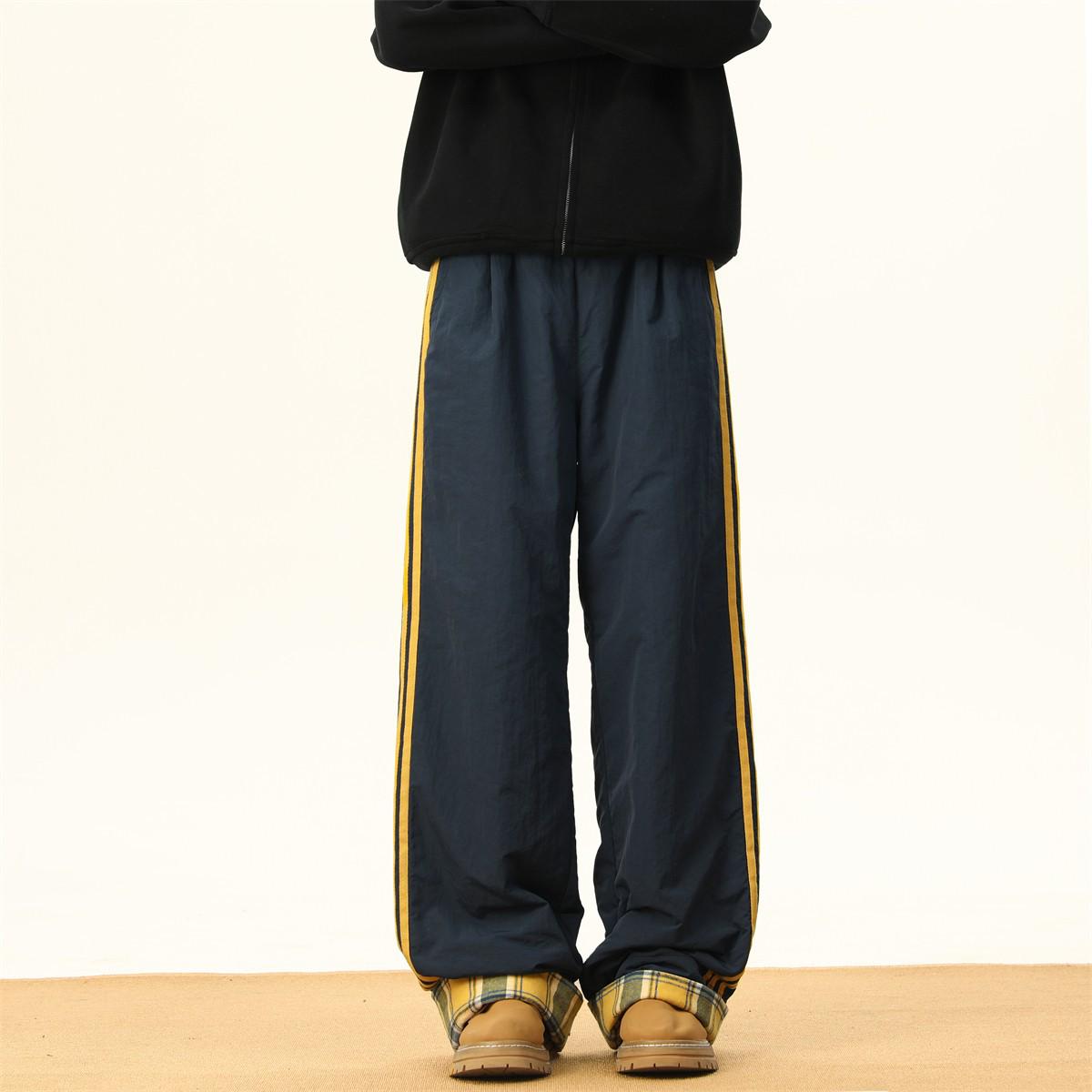 

Унисекс Американские повседневные брюки с лампасами и манжетами - Весенний тренд, Свободный крой, Прямые широкие штанины Double Extra Large темно-синий