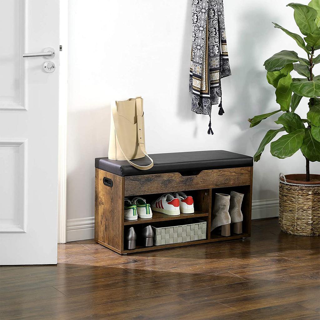 VASAGLE Shoe Bench with Cushion, Storage Bench with Padded Seat, 3 Compartments, Hidden Storage, Shelves, Living Room Lounge Hallway Bedroom