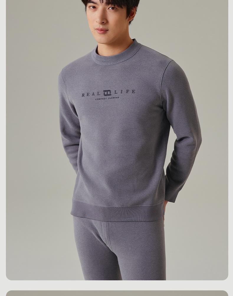 Men's Teen Fleece-Lined Thermal Set: Extra Thick Crew Neck Top & Trousers for Autumn/Winter Wear.