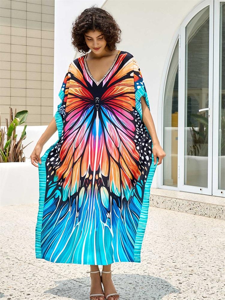 EDOLYNSA Boho Butterfly Print V-neck Plus Size Kaftan Women Vacation Beach Dress 2025 Summer Swimwear Cover Up Loose Cozy Homewear Q1674