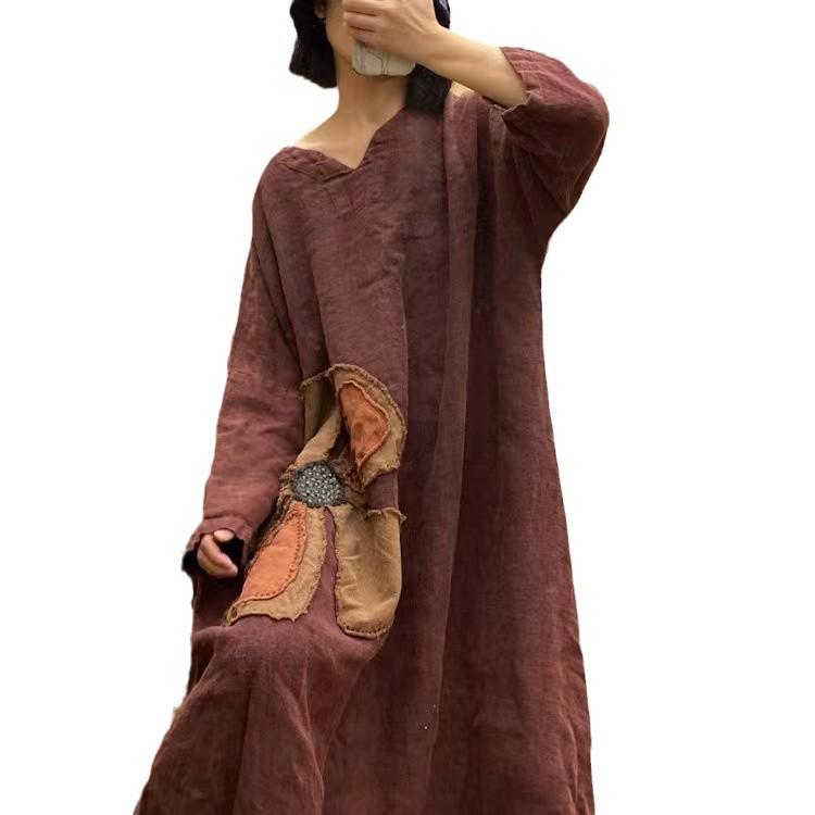 Rochie largă din in, brodată cu fulgi de zăpadă roșii Zen, vintage (1998)