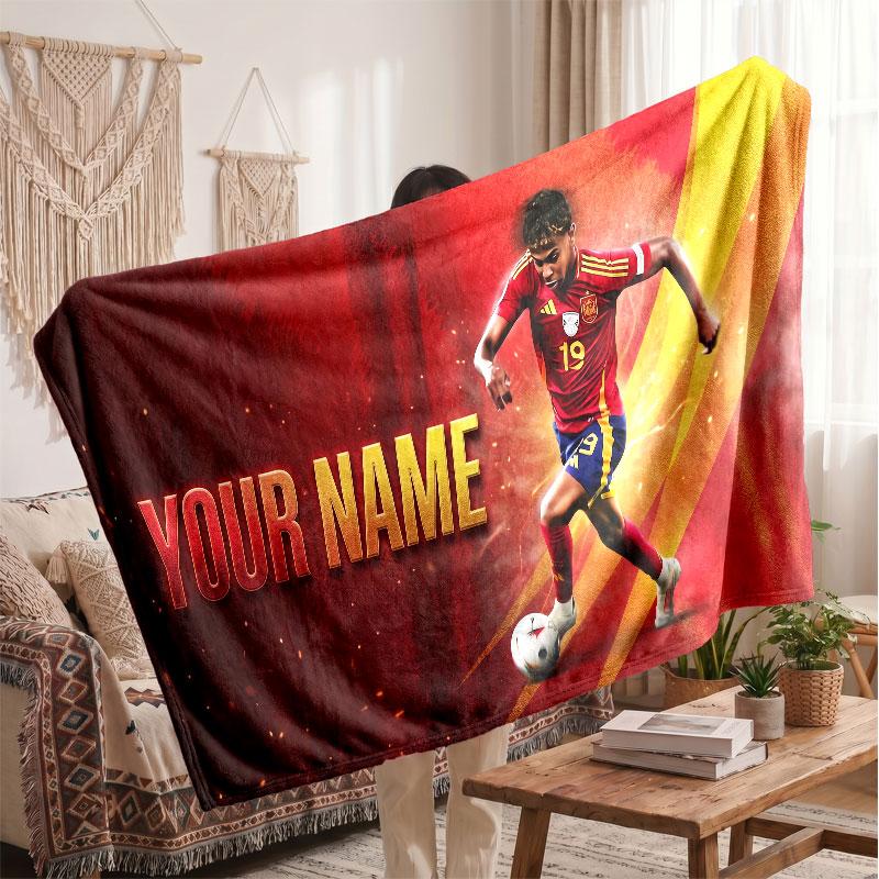 Lamine Yamal Personalized Fleece Blanket With Football Logo, Custom Name Text Soft Warm Home Throw Blanket