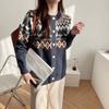 Women's Retro Jacquard Crew Neck Loose Knit Cardigan Spring Autumn Ethnic Style Sweater Coat Top