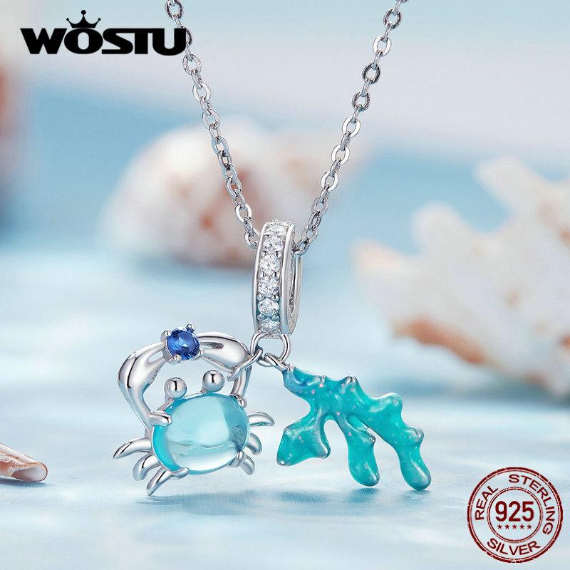 WOSTU Brelocuri din argint 925 scoici de mare margele submarine Pendan crab și alge marine se potrivesc brățară originală bijuterii DIY