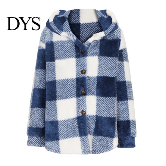 Women Jacket Lady Winter Coat Plush Lined Flannel Conrast Color Plaid Print Design Outerwear Hooded Single-breasted Thick Loose Long Sleeves Casual