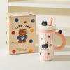 Large Capacity Cartoon Straw Cup with Lid Cute Mug High value Kitten Animal Ceramic Cup Set Gift