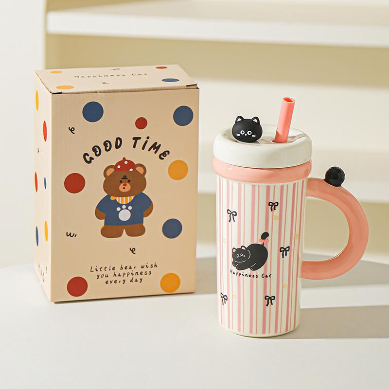 Large Capacity Cartoon Straw Cup with Lid Cute Mug High value Kitten Animal Ceramic Cup Set Gift
