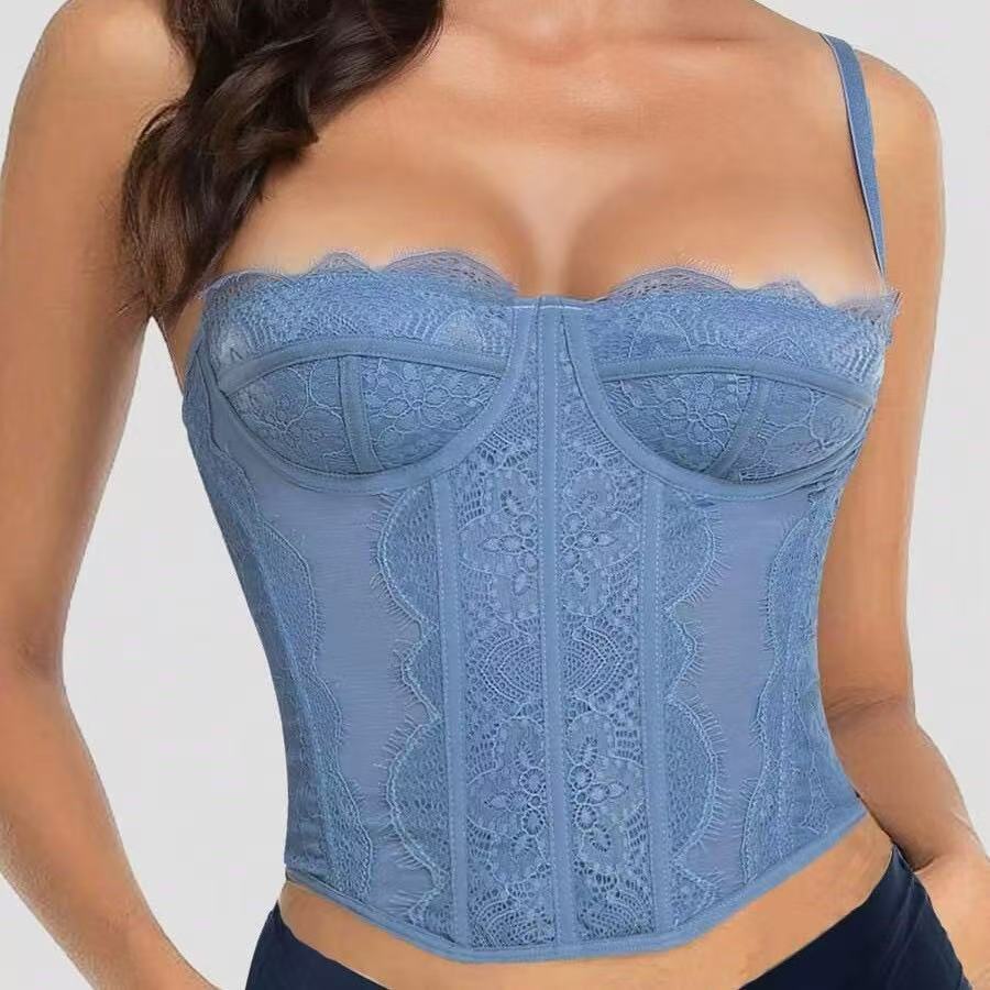 European and American Explosive Spice Girls Sexy Gathered Eyelashes Lace Perspective Pure Desire Corset Fishbone Corset Top