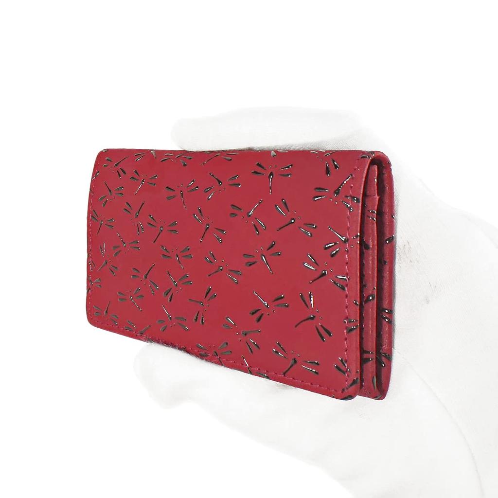 Indenya Inden Business Card Case, Large Capacity, Deerskin Leather, Red with Black Lacquer, Dragonfly Pattern, 2501-03-008