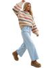 2026 Spring/Autumn Off-White Striped Chunky Knit Sweater with Loose Sleeves - Women's Casual Round Neck Knitwear