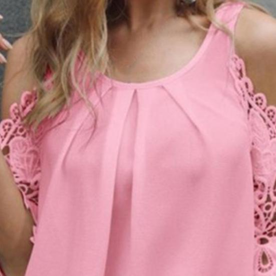 Ladies Top Hollow Lace Sleeves Spring Summer Loose Pure Color Shirt Blouse for Daily Wear