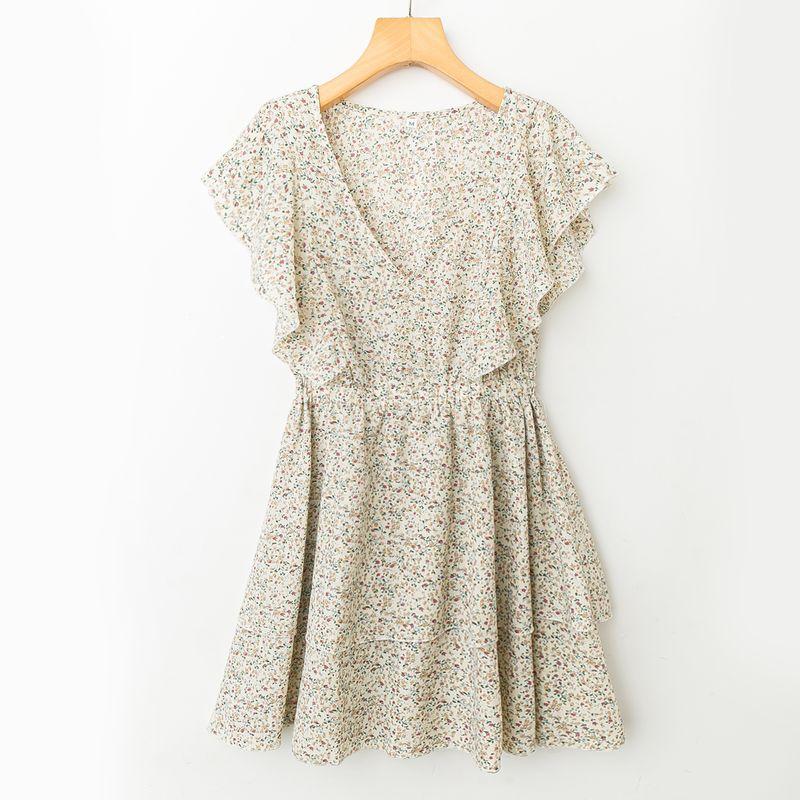

Summer Foreign Trade New Versitile Fashion Floral Age Reduction V-neck Frill Elastic Waist Hugging Dress Rice white background purple small floral S
