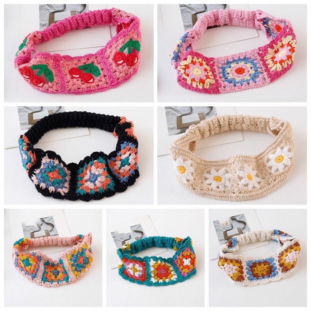 Colorful Knitted Headband Flower Ethnic Style Hair Band Sweet Hollow Crochet Bandana  Girls