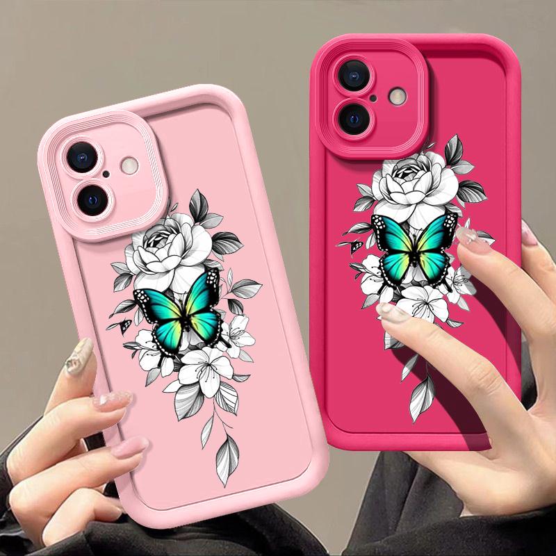 Coque Antichoc à Motif Floral Papillon Pour iPhone 16 Pro Max 15 Plus 14 Pro 13 12 11 XS XR 8 7 TPU Souple Mat Silicone Coque de Téléphone