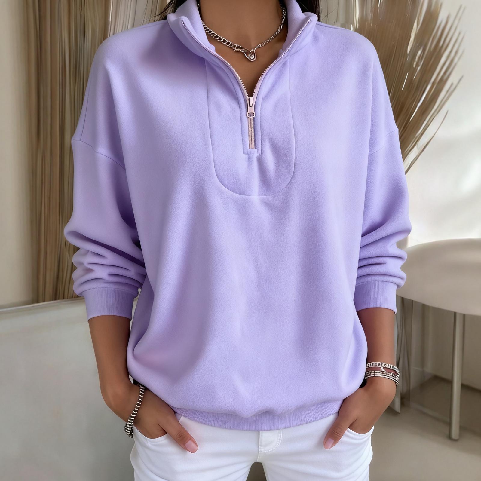 

Women s Fashion Fleece-Lined Loose Pullover Solid Color Zipper Long-Sleeve Sweatshirt L