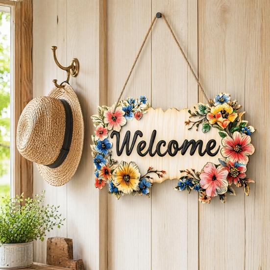 Floral Wooden Welcome Sign Front Door Sign Ornaments Flower Hanging