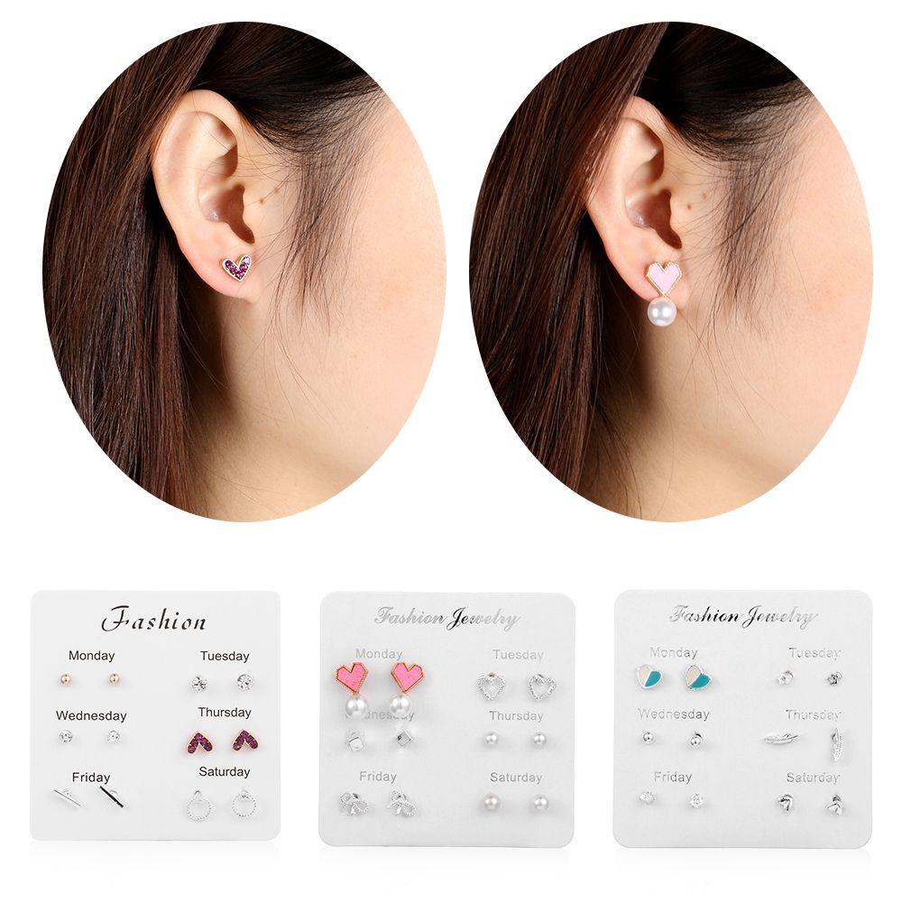

6pair/set Simple Crystal Personality Jewelry Set Heart Ear Stud Leaf/Bowknot One Week Earring Set