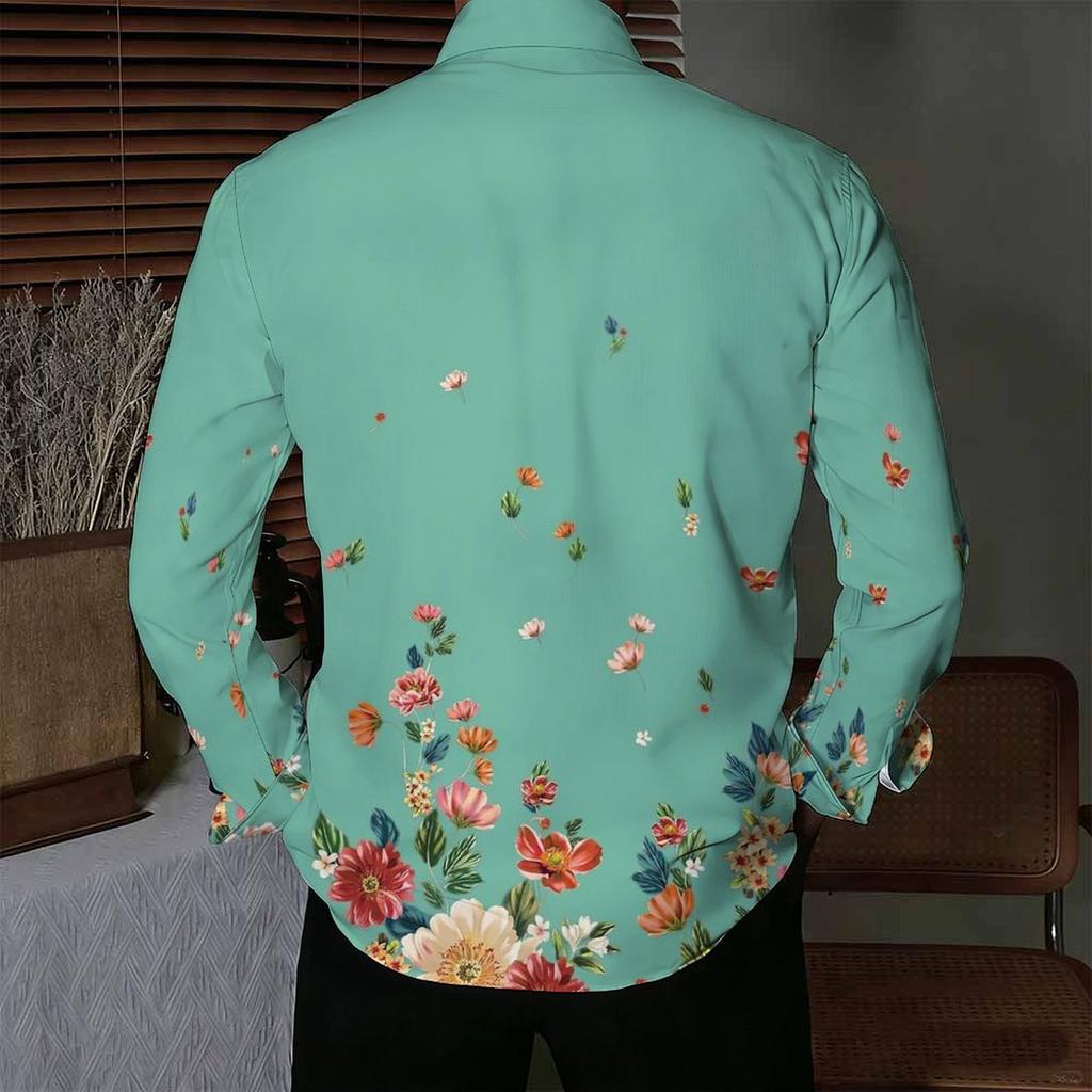 Men Collared Shirt Black Gradient Pink Cherry Blossom Star Print Long Sleeve Button Down Top