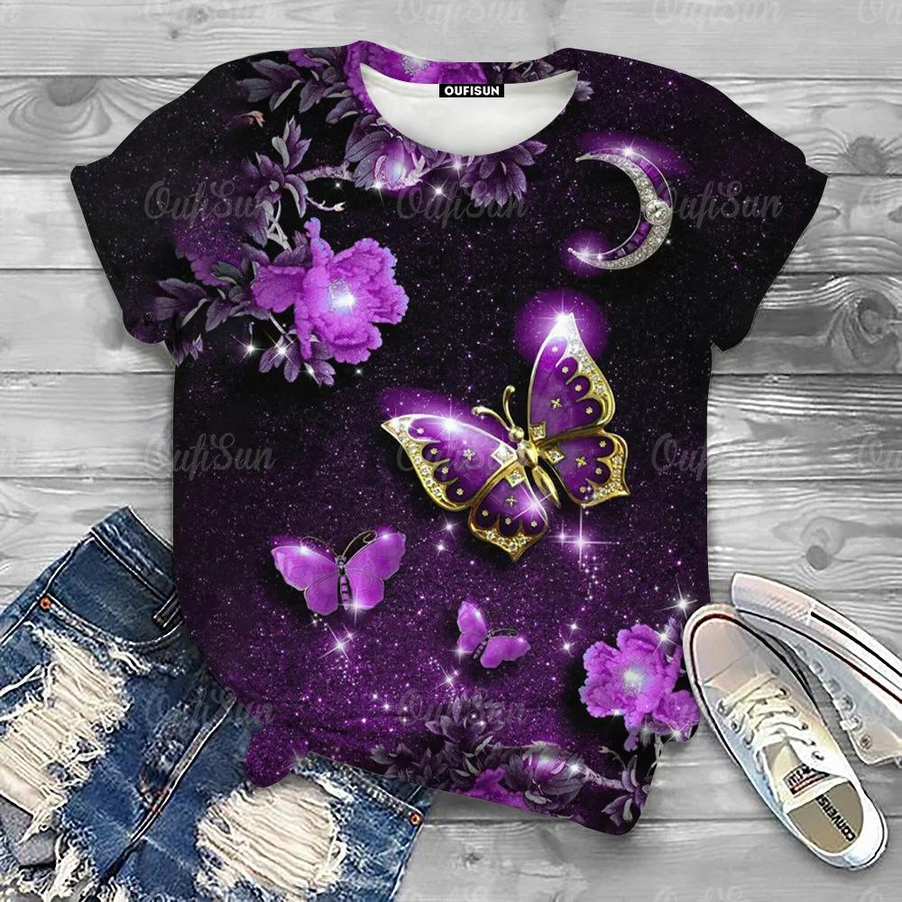 Summer Round Neck 3D Butterfly Print T-shirts Fashionable Casual Short Sleeved Women's T-shirts