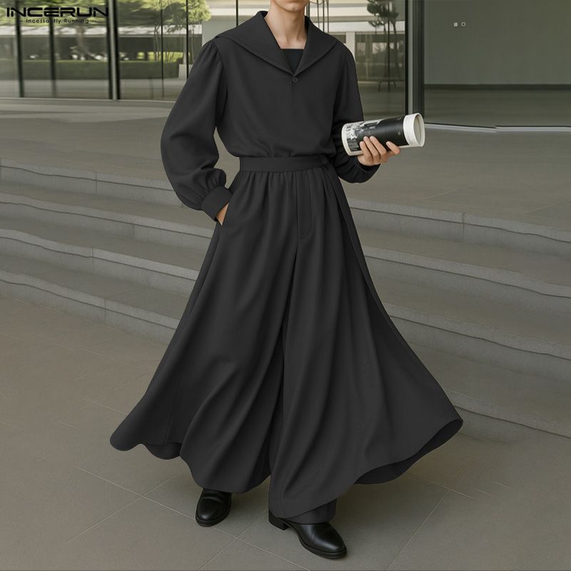 INCERUN Two Pieces Men Sailor Collar Long Sleeve Shirts Long Wide Legs Pants Sets Outfits
